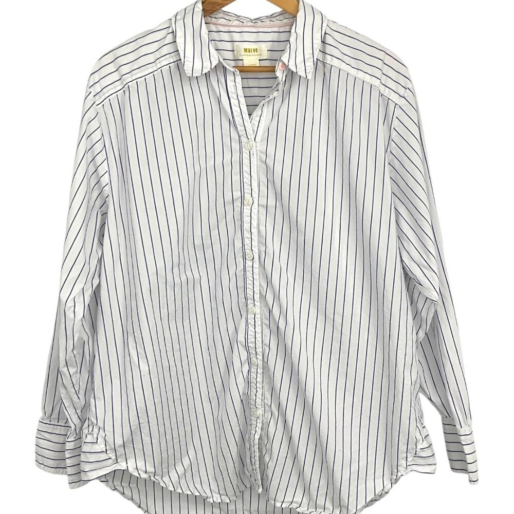 Anthropologie Maeve Button Down Shirt White Blue Striped I Love You Size Large L - Picture 2 of 10